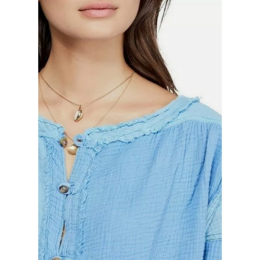 FREE PEOPLE We The Free Moving Mountains Frayed Round Neck Top Blue Womens Small - Picture 3 of 6